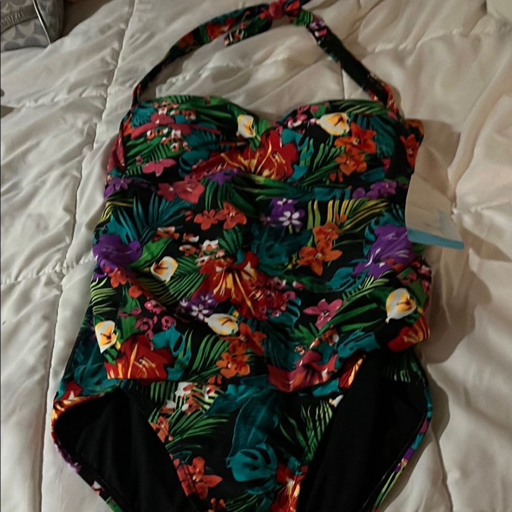 Catalina Green and Red One Piece Swimsuit with Halter Top